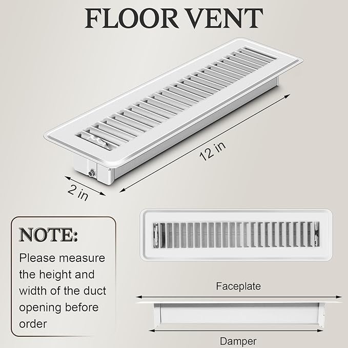 2 PCS Floor Vents Floor Registers 2x12 inch, Heavy Duty Metal Heat Air Vent Covers 2 X 12 with Rust Proof Finish for Home Office Wall Floor Registers Grilles & Vents (2, White, 2x12 Inches)