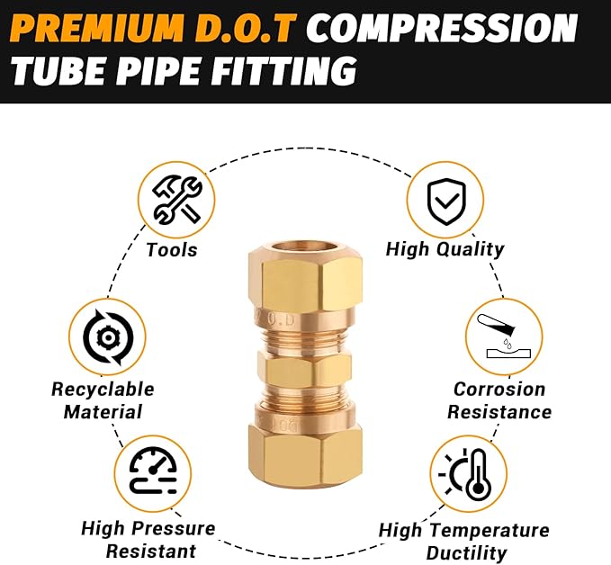 DOT Air Brake Line Fittings Connector for Nylon Tubing 1/2", Brass Air Compression Nylon Hose Fitting with D.O.T Approved for Trucks Trailers and Industrial Repair(Pack 2)