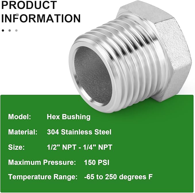 TAISHER 15PCS 304 Stainless Steel Reducer Hex Bushing, 1/2" NPT Male x 1/4" NPT Female, Reducing Pipe Adapter Fitting