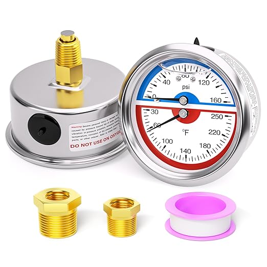 MEANLIN MEASURE 0-160Psi Stainless Steel Thermal Pressure Gauge 30-250℉ 1/4" NPT 2.5" FACE DIAL Liquid Filled Pressure Gauge, with 1/2" NPT and 3/8" NPT Hex Bushing, Back Mount