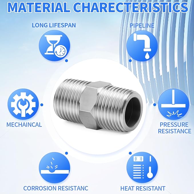 ChillWaves 304 Stainless Steel Pipe Fitting, Hex Nipple 3/4" NPT Male x 3/4" NPT Male Thread Adapter(6-PACK)