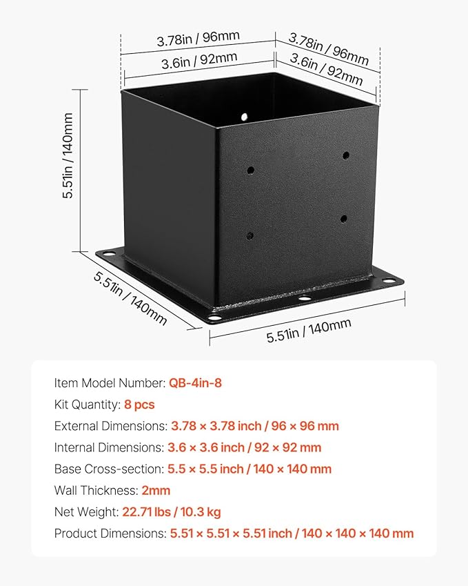 VEVOR 4x4 Post Base 8 Pcs, Inner Size 3.6x3.6 inch / 92x92 mm Post Brackets, Heavy Duty Carbon Steel Decking Posts, Wood Posts Brackets for Pavilion Deck Railing Support Deck Base Plate, Black