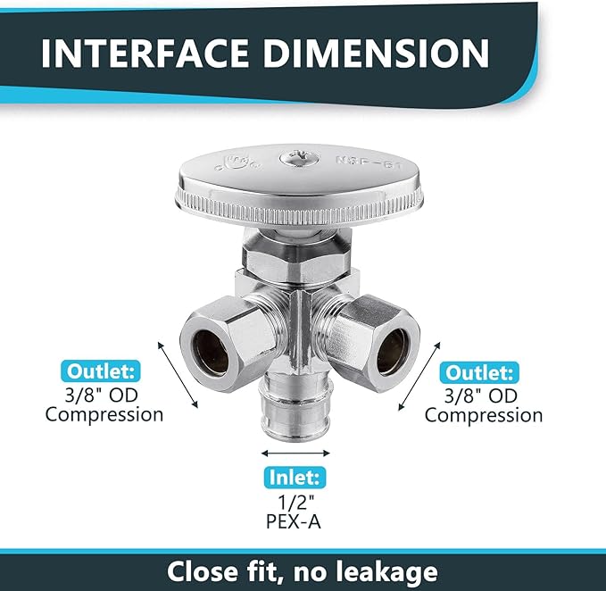 (Pack of 2) Seelink Multi-Turn Dual Outlet Angle Stop Valve, 1/2" Pex-a Expansion F1960 Pipe Inlet x (3/8 inch x 3/8 inch) Compression Outlets, Chrome Plated Brass