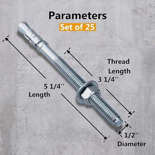 Party Animals 1/2 x 5-1/4 Inch Wedge Anchor, 25 PCs Zinc-Plated Industrial Anchor Bolts for Cement, Concrete