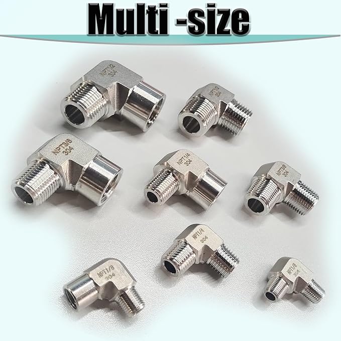 2pcs 90 Degree Street Elbow, 304 Stainless Steel Forged Barstock Street Elbow Adapter, Heavy Duty 5800PSI 1/8" NPT Female x Male Pipe Fitting Connector (1/8" MNPT x 1/8" FNPT)
