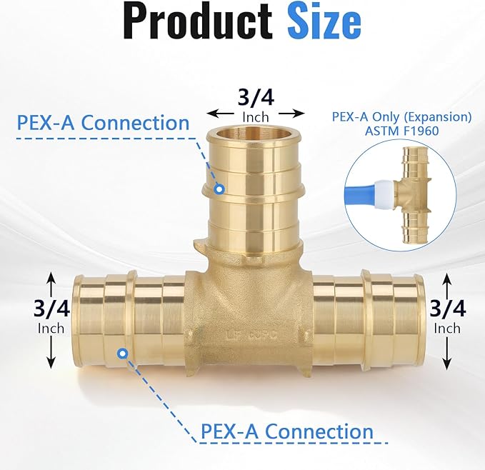 (5-Pack YVSKM) 3/4" PEX-A Tee Expansion Fitting, Lead-Free Brass Full Flow Connector, ASTM F1960 & cUPC Certified for Residential Hot & Cold Water and Radiant Heating Systems