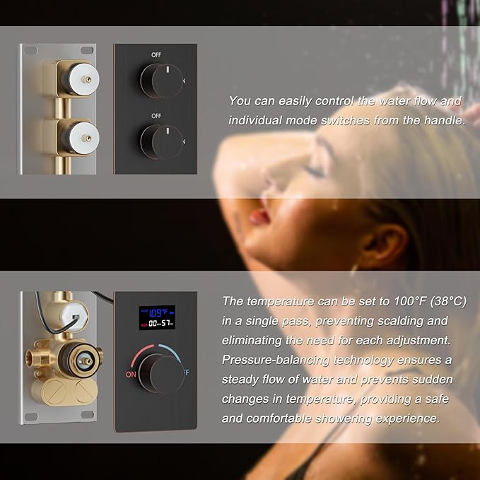 Shower Valve Concealed Shower Mixing Faucet with Temperature Display Function, Flow Control Brass Diverter Valve Kit, 5 Function Can Be Activated Simultaneously, Oil Rubbed Bronze