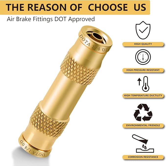 Air Brake Line Fittings,1/4" DOT Air Fittings Brass Push in Fitting, Push to Connect Union Fittings, Air Brake Union 1/4" Tube OD for Trucks Trailers Use and Industria Workshops (4 PCS)