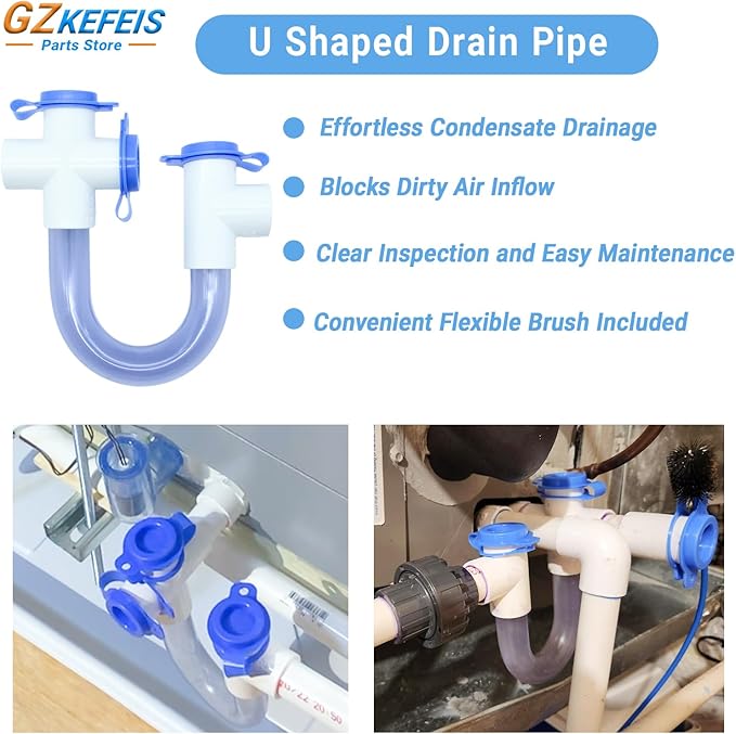 3/4 Inch PVC Condensate Trap ez trap hvac p trap with Cleaning Brush U Shaped Drain Pipe for HVAC Systems,，Effectively Drains Condensate 1PC