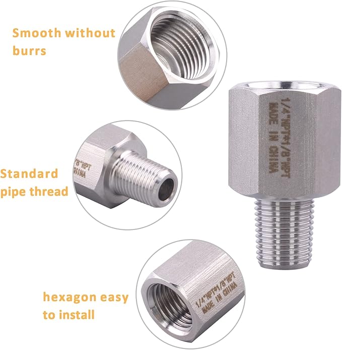 Forged Reducer Adapter Fitting - Stainless Steel 304 Reducing Pipe Connector, 1/4" NPT Female x 1/8" NPT Male (pack of 5)