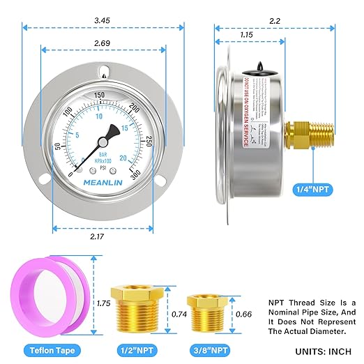 MEANLIN MEASURE 0~300Psi Liquid Filled Pressure Gauge Front Flange Panel Mount, 1/4" NPT 2.5" FACE DIAL Stainless Steel Case with Phillips Screw, Nut and Brass Hex Bushing, +/-3-2-3%