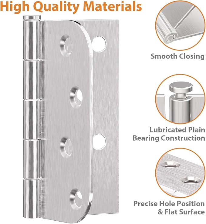 24 Pack Brushed Nickel Door Hinges, 4 Inch Heavy Duty Hinges with 5/8" Radius & Square Corners, Satin Finish, Removable Pin, Quiet for Interior & Exterior Doors