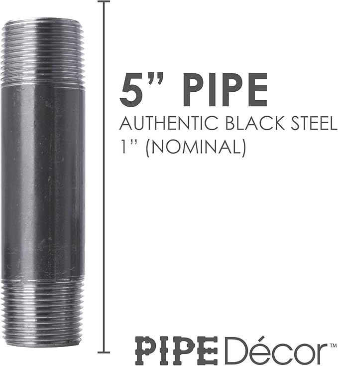 PIPE DECOR 1" x 5" Black Steel Plumbing Pipe, 6-Pack, Pre Cut Connector, Industrial Steel Grey Fits Standard One Inch Threaded Black Malleable Iron Fittings, Build Vintage DIY Furniture