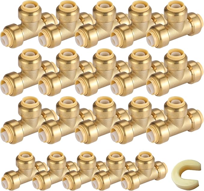 1/2" Pushfit Tee,20 Pack PEX Brass Push-fit Tee with 1 Pack Disconnect Clip, Push-to-Connect Plumbing Fittings for PEX, Copper, CPVC(PF118-20Pack)
