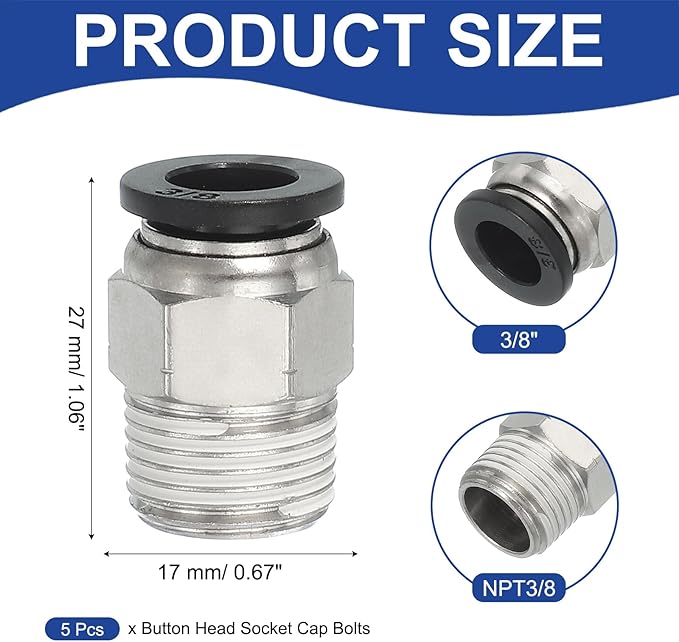 MECCANIXITY 5 Pcs NPT Push to Connect Air Fittings, Male Straight 3/8" Tube OD x 3/8" NPT Thread Air Quick Connector Coupling Adapter for Gas Hose Pneumatic Tools, Black