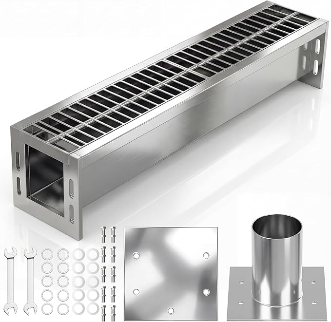 304 Stainless Steel Channel Drain, 39.4x6.1x5.9in Heavy-Duty Drain Kit, Trench Drainage System with Galvanized Steel Grate for Outdoor, Driveway, Garage, Yard