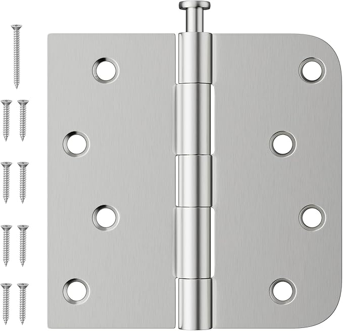 3 Pack Brushed Nickel Door Hinges 4 Inch, Exterior Door Hinges with Square & 5/8" Radius, Removable Pin, Perfect for Heavy-Duty Front & Back Door, Antirust & No Squeaks