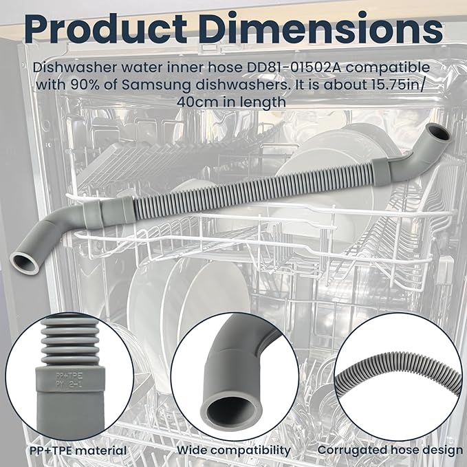 DD81-01502A Universal Dishwasher Water Inner Hose Replacement, Fit for Samsung Dishwasher Drain Hose, Plastic, Gray (Long 15.75in)