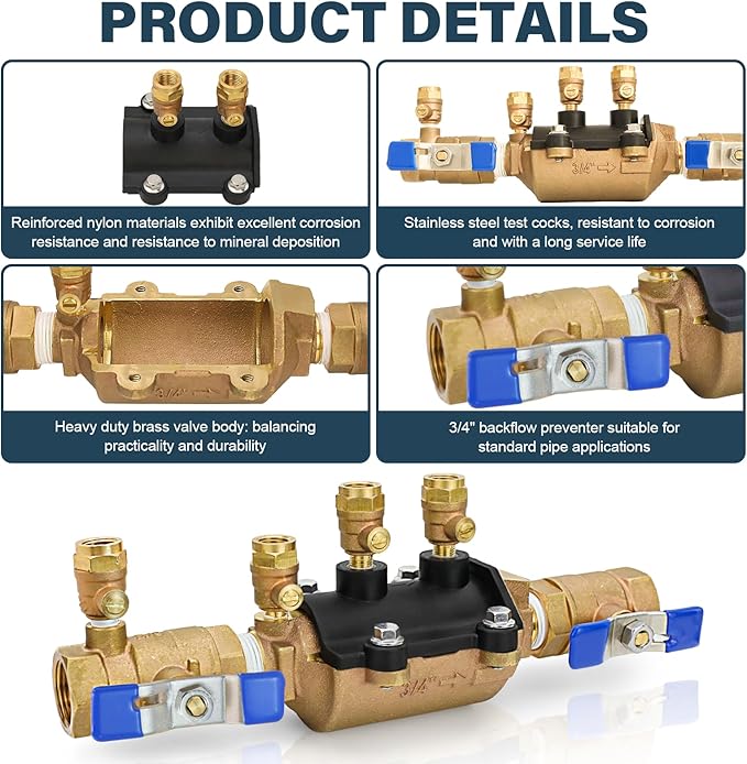 34-350 3/4" 350 Double Check Backflow Preventer,Double Check Valve Assembly,Modular Design, Prevent Backpressure and Backsiphonage