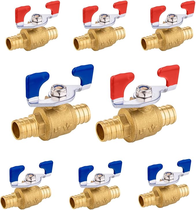 8PCS Foskan 3/4" PEX Crimp Ball Valve, Brass Full Port Shut-off Valve with Blue/Red Butterfly Handle for Portable Water Poject