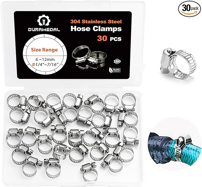 Hose Clamp- Duramedal 30 PCS Stainless Steel Hose Clamps Assortment Kit 1/4''–7/16'' stainless steel hose clamps for Fuel Line, Plumbing, Automotive, Mechanical Applications, Tube, Garden