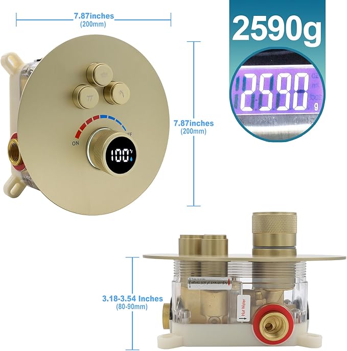 Round Digital Display Shower Valve 3 Way Shower Mixing Valve Concealed Installation Can Use All the Time Brushed Gold
