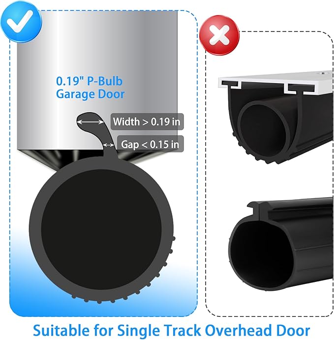 Gaahing 0.19" P-Bulb Garage Door Bottom Seal Strip - Replacement Impact Buffer Weatherstripping, Fits Single Track Overhead Door (9.8 FT, Black)