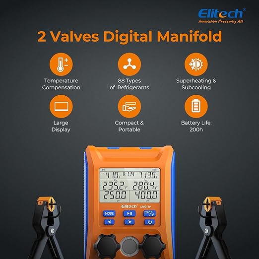 Elitech Digital Manifold Gauge 2-Way Valve with Thermometer Clamps for HVAC Systems, LMG-10Plus