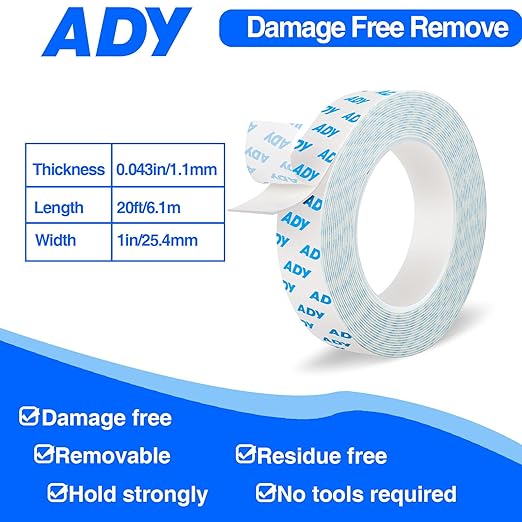 ADY Double Sided Tape for Walls Removable Heavy Duty 1in x 20ft, Mounting Tape No Nail Drilling,Picture Hanging Adhesive Strips Damage Free for Rent Room, Poster Stick Tape