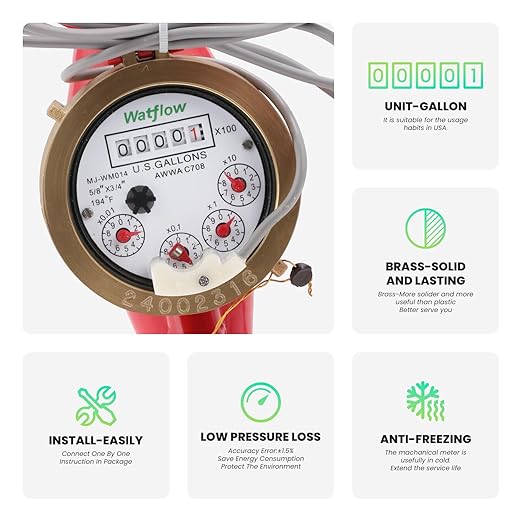 Watflow DN20 Water Meter 3/4" NPT,AWWA C708 Certification Gallon Water Flow Meter with Pulse Output, Hot Water Meter for Garden/Home/Apartment, Horizontal Install.