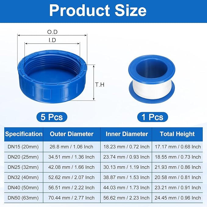 uxcell 5Pcs 2 Inch PT Female Thread PVC Pipe Fitting Cap, Cleanout Water Drain End Caps, Pipe Plug Socket Fittings with Tape for Water Heater Supply Lines, Plumbing, Blue
