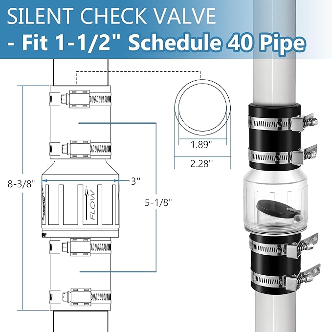 Sump Pump Check Valve 1-1/2", Check Valves Spring Loaded Flapper for Backflow Prevention, Silent Check Valve with 4 Stainless Steel Clamps, Sump Pump Life Expectancy Increase, Fit 1-1/2" Pipe