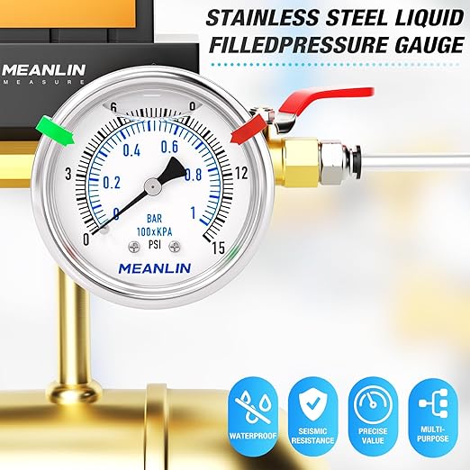 MEANLIN MEASURE 0~15Psi Low Liquid Filled Pressure Gauge Stainless Steel 1/4" NPT 2" FACE DIAL for Water Oil Air Well Pump Tank Tire Pressure Test Center Back Mount, with Hex Bushing and 2PCS Snaps