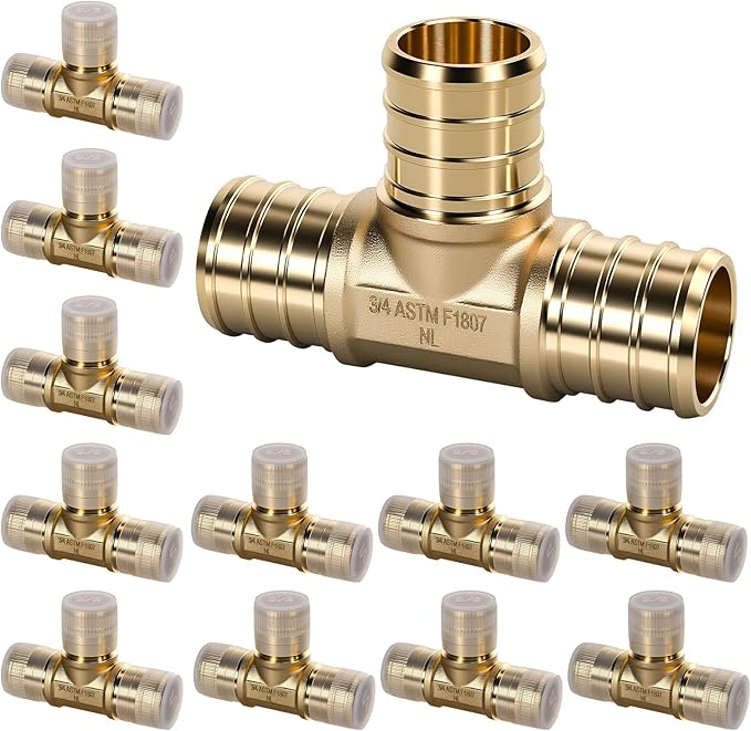 PEX Fittings 3/4 Inch, 12PCS Tee Lead-Free Brass Connectors for PEX B Pipe, NSF UPC Certified, ASTM F1807, Compatible with Crimp/Clamp Rings (Hot/Cold Water, Hydronic Heating)