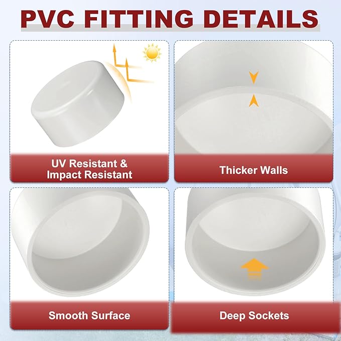 3 Pcs 8" PVC External End Cap Fitting, SCH40 Furniture Grade PVC Pipe Plug Adapter, Pipe Cover Fittings for DIY Project, Irrigation System, Plumbing Framework, Garden Structures