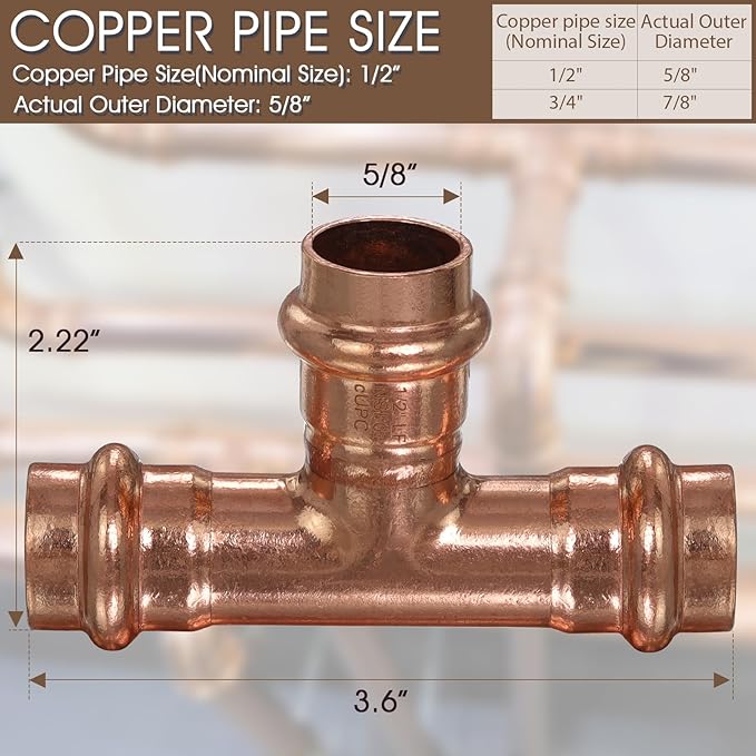 Copper Press Fittings 1/2 inch Copper Tee Fittings,Zero Lead Tee Coppers Coupling with 1/2” PxPxP,12PK Press Fit Tees for Coppers Tube Connection,OD 5/8”,Use with Hydraulic Press Fitting Tool