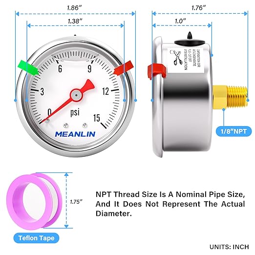 MEANLIN MEASURE 0~15Psi Pressure Gauge, Glycerin Filled 1/8" NPT 1.5" FACE DIAL, Stainless Steel Liquid Filled Pressure Gauge WOG Water Oil Air Back Mount (with 2PCS Snaps)