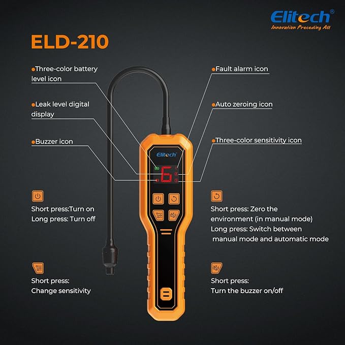 Elitech Refrigerant Leak Detector, Freon Leak Detector, Freon Sniffer Automotive Halogen Gas Leak Detector for R134A R410A R1234YF R600a R290 CFCs HCFCs HFCs HCs HFOs, ELD-210