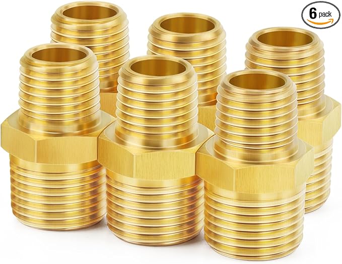 ChillWaves Brass Pipe Fitting, Reducer Hex Nipple 1/2" NPT Male x 3/8" NPT Male Thread Adapter(6-PACK)