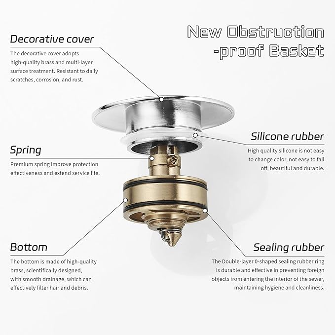 BWE PLT-01-C Metal Silver Bathroom Vessel Sink Drain Stopper with Overflow, Chrome One-Piece, Fits 1.65-1.97 Inch Drain Hole
