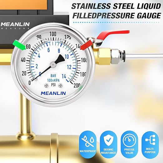 MEANLIN MEASURE 0~200Psi Liquid Filled Pressure Gauge Stainless Steel 1/4" NPT 2" FACE DIAL for Air Compressor Air Regulator Water Filter Center Back Mount, with Hex Bushing and 2PCS Snaps
