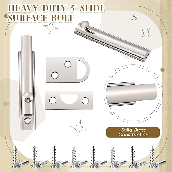 Lothee 4 Pcs Solid Brass Surface Bolt Door Slide Bolt Door Latches for Top of Slide Latch Lock(3",Silver)