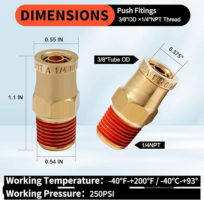 1/4 Brass Push to Connect Fittings 3/8" OD x 1/4" NPT Thread Male DOT Approved Air Brake Quick Connect Fittings Air Line Suspension Kit for Truck Trailers and Air System 2Pcs