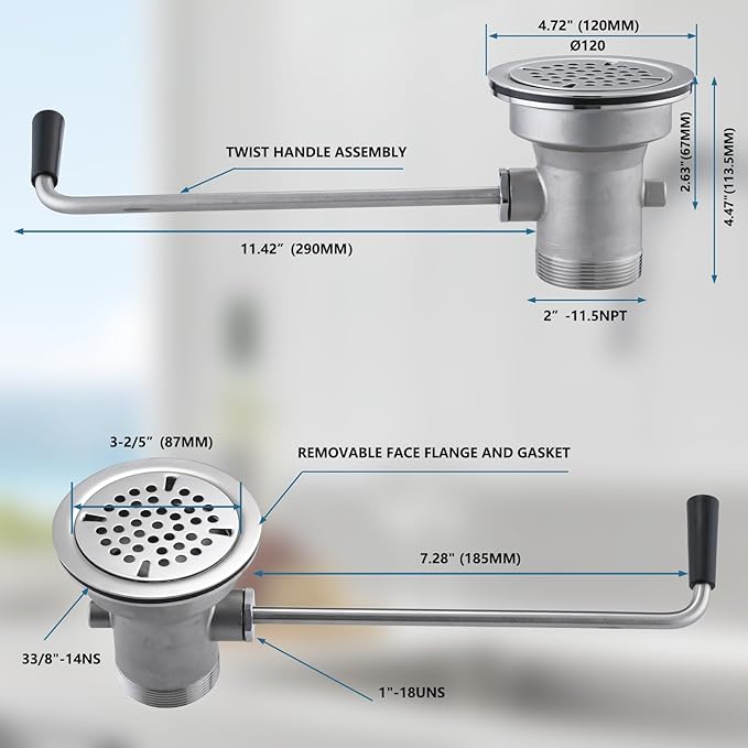 3-1/2 Inch Sink Drain Assembly Kit, Commercial Sink Drain with Twist Handle for Easy Controll - Prevent Sink Clogged