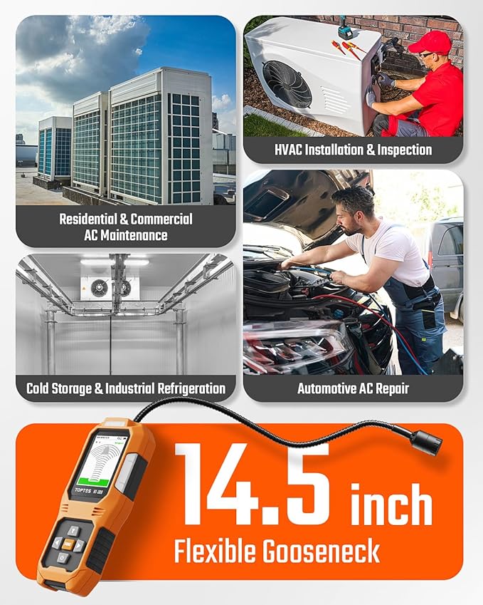 TOPTES RT-389 Rechargeable Refrigerant Leak Detector, HVAC Freon Leak Detector with 3 Sensitivity Modes & 3 Alarm Types, Air Conditioning Detection for CFCs, HCFCs, HFCs, HFOs, HCs - Orange