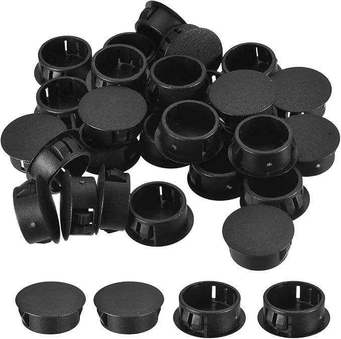 uxcell 31/32" Plastic Hole Plugs, 36Pcs Flush Type Panel Round Snap in Fastener Knockout Locking Plugs for Furniture Insert End Caps Panels, Black