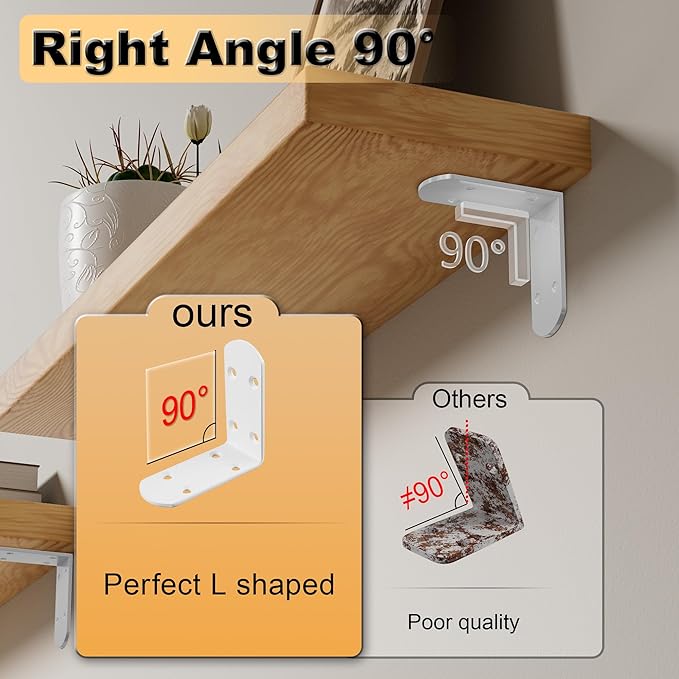 Alise 4Pcs Stainless Steel L Brackets for Shelves White, Small Floating Shelf Brackets, 90 Degree Right Angle Bracket, Heavy Duty Metal L Bracket Corner Brackets for Wood Furniture (3.35X3.35 in)