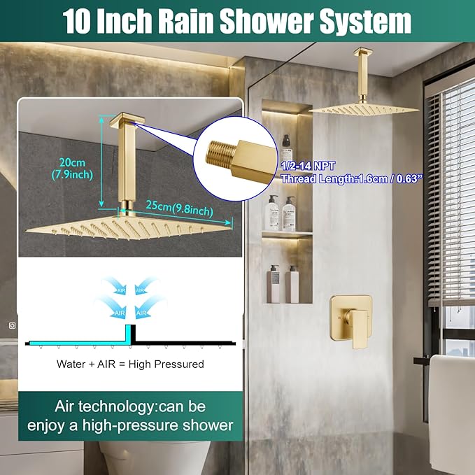 Heyalan Shower Faucet Set Square Stainless Steel Bathroom Rainfall Shower System One Handle Single Function Shower Trim Kit with Rough-in Valve Male Thread,Ceiling Mount,10 Inch,Brushed Gold