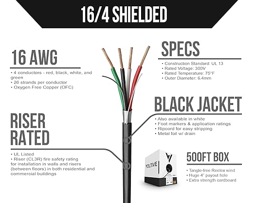Voltive 16/4 Shielded Riser - CL3R Rated - Bare Copper - 500 Foot Box - Black