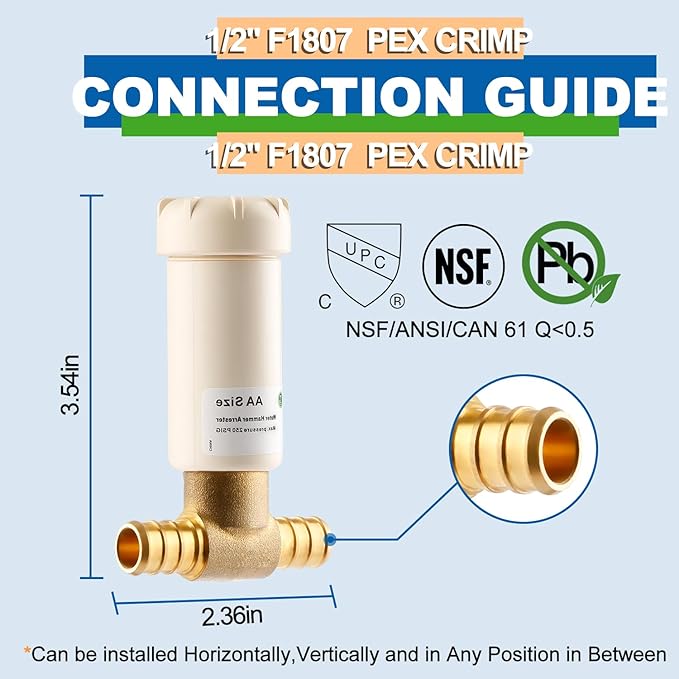 Resin Water Hammer Arrestor, 1/2 Inch Pex Crimp Tee Hammer Arrestor For Potable Water Plumbing Application, F1807 Tee Connection